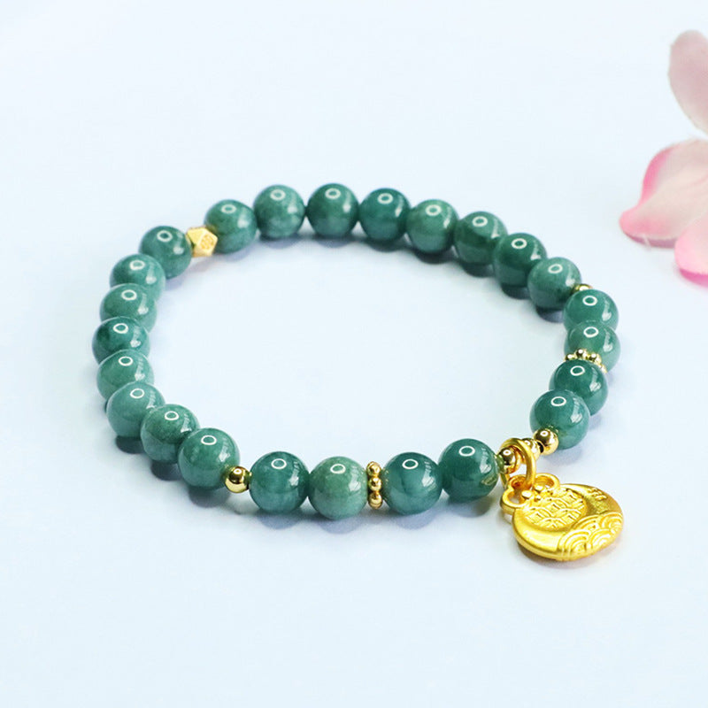 Blue Water Jadeite Jade Beaded Bracelet with Golden Money Bag Charm