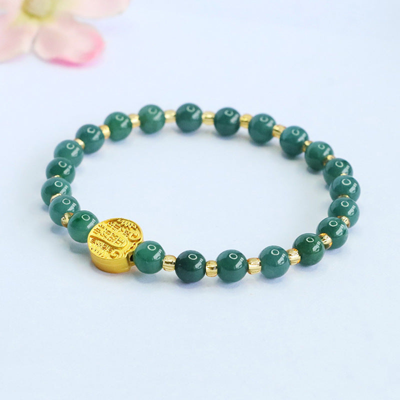 Blue Water Jadeite Jade Beaded Bracelet with God of Wealth Coin Accent