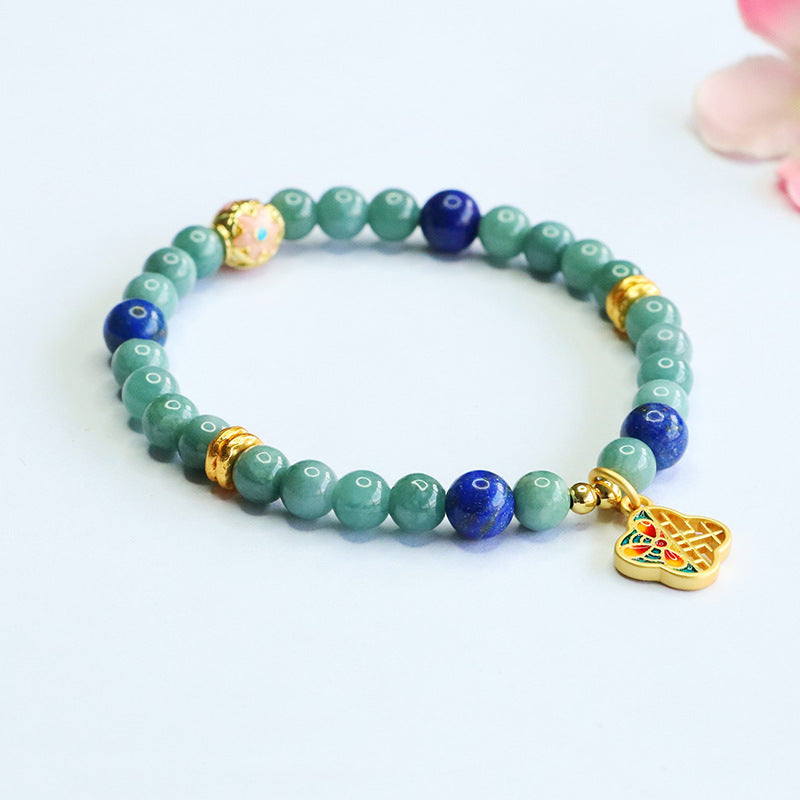 Blue Water Jadeite Jade and Lapis Lazuli Beaded Bracelet with Enamel Lock Charm