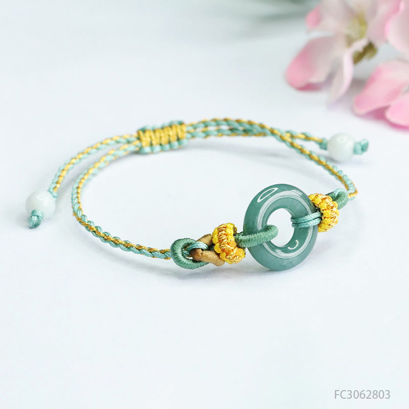 Blue Water Jadeite Peace Buckle Braided Cord Bracelet