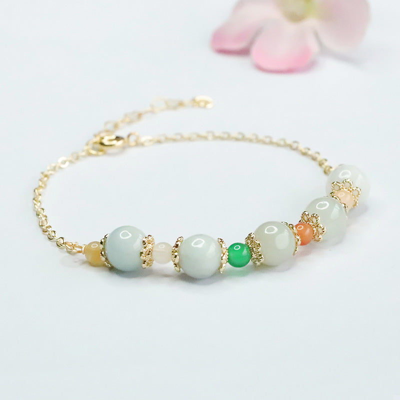 Jadeite Jade Beaded Bracelet with Gold-tone Chain and Accents