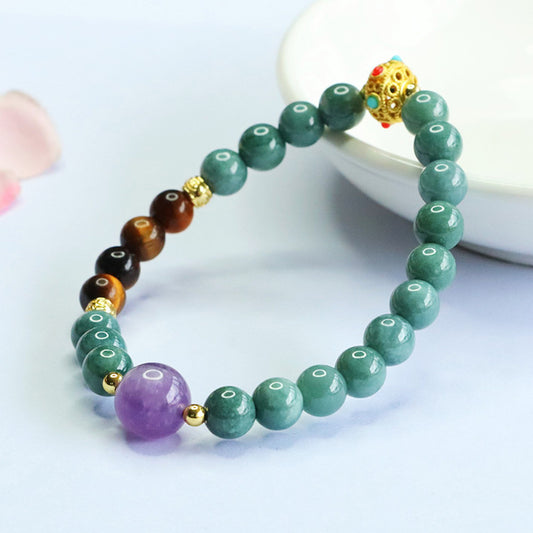 Blue Water Jadeite Jade, Amethyst, and Tiger's Eye Multi-Gemstone Beaded Bracelet