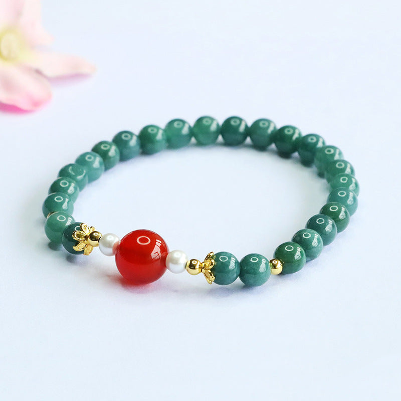 Blue Water Jadeite Jade and Red Agate Beaded Bracelet with Pearl Accents