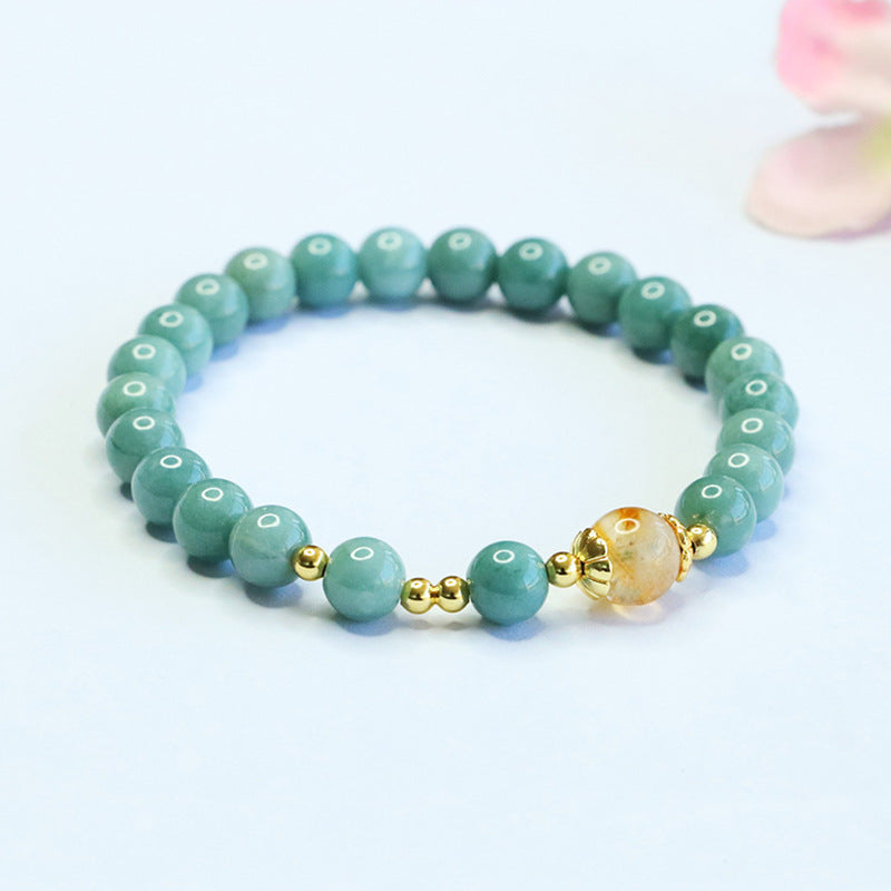 Blue Water Jadeite Jade Beaded Bracelet with Yellow Phantom Quartz Accent
