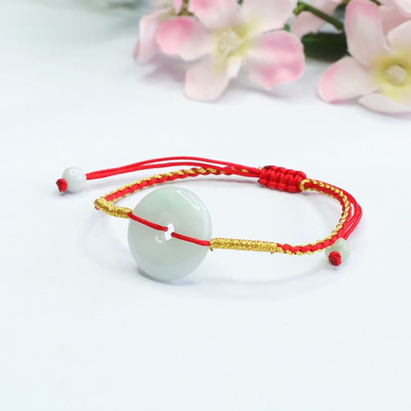 Burmese Grade A Jadeite Ping An Kou Woven Red Cord Bracelet