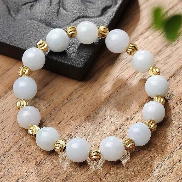 Burmese Grade A Jadeite Jade Beaded Bracelet with Ribbed Gold-Tone Spacers