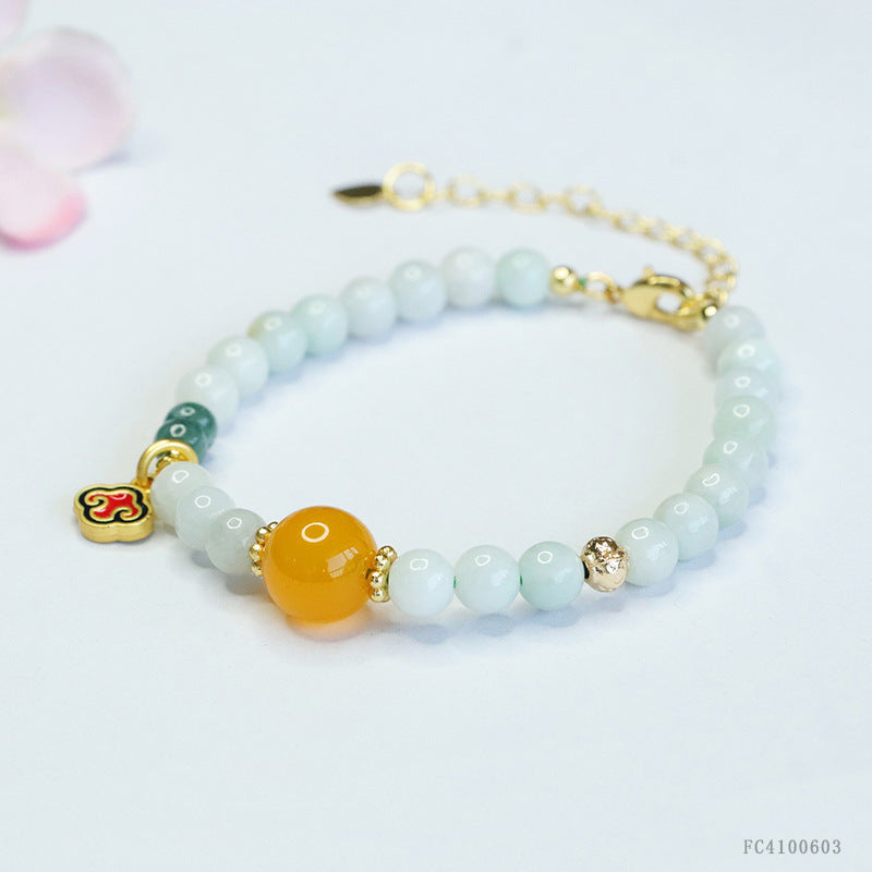 Burmese Grade A Jadeite Beaded Bracelet with Yellow Chalcedony Accent and Ruyi Charm