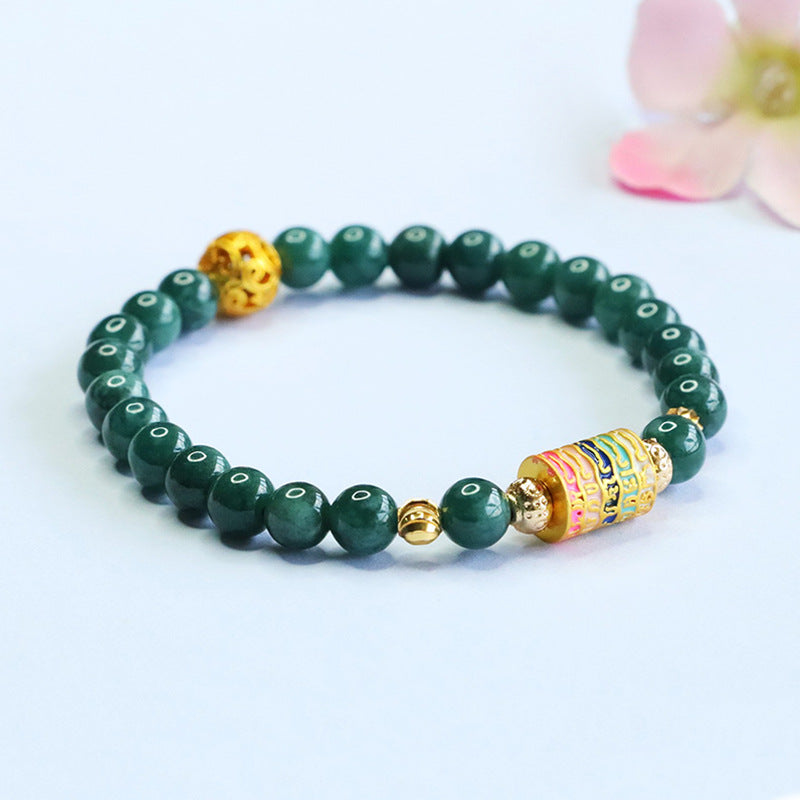 Blue Water Jadeite Jade Beaded Bracelet with Five-Script Scripture Tube Charm