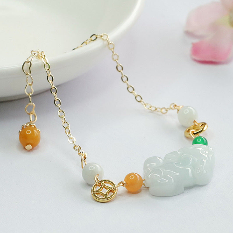 Burmese Grade A Jadeite Jade Pi Xiu Chain Bracelet with Multi-Color Accents