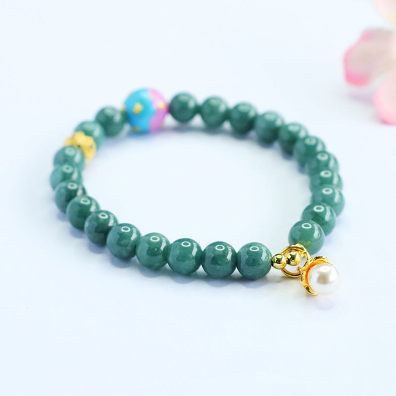 Blue Water Jadeite Jade Beaded Bracelet with Pearl and Colorful Enamel Accents