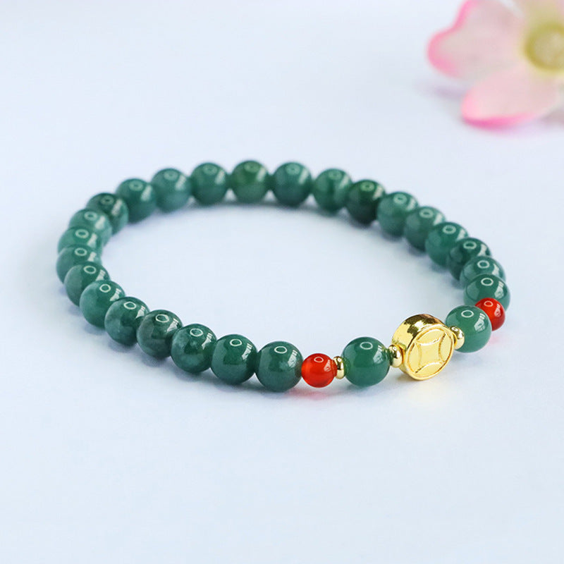 Blue Jadeite Jade & Red Agate Bracelet with Gold-Tone Coin Charm