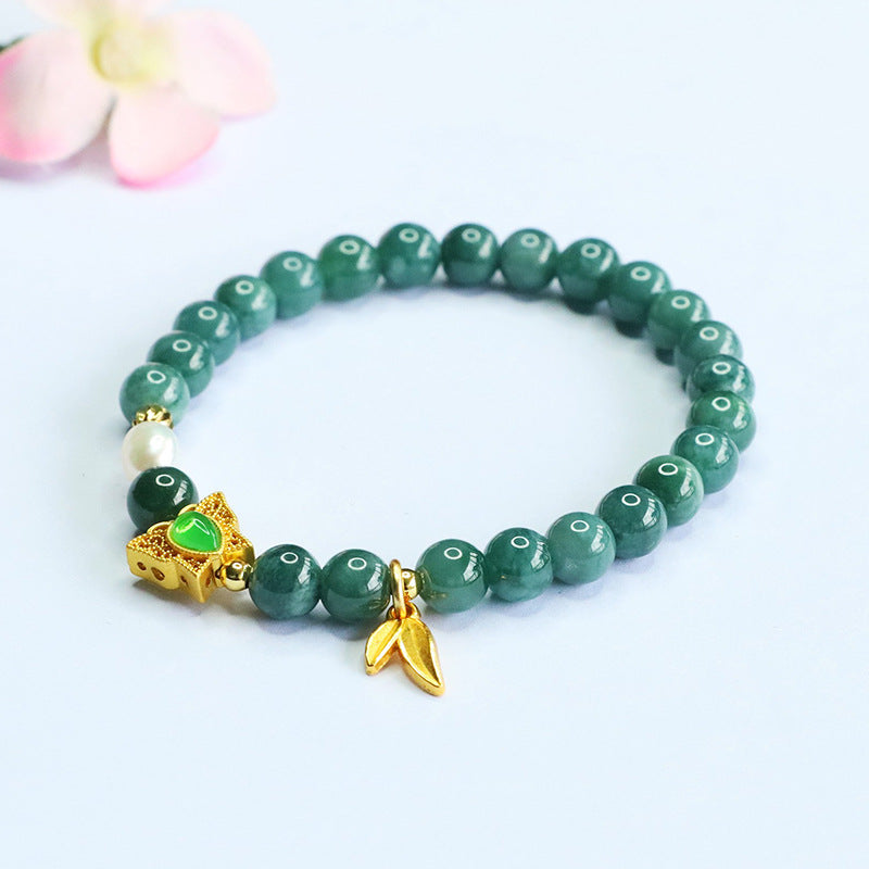 Blue Water Jadeite Jade and Pearl Butterfly Beaded Bracelet