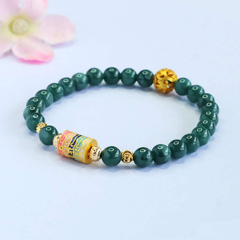 Blue Water Jadeite Jade Beaded Bracelet with Five-Script Scripture Tube Charm