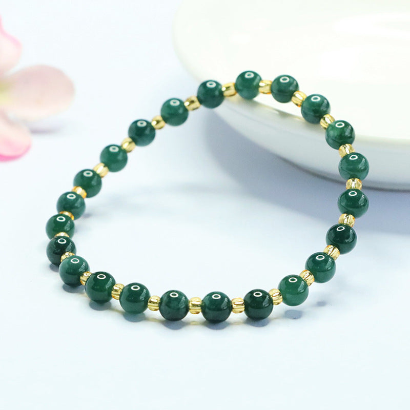 Blue Water Jadeite Jade Beaded Bracelet with Gold-Tone Spacers