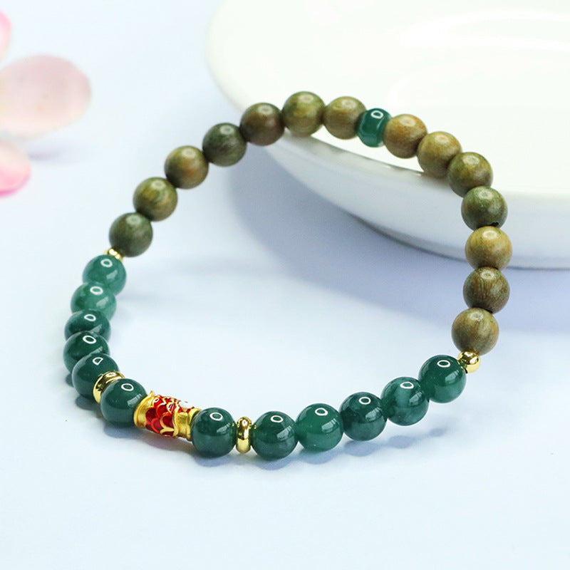 Blue Water Jadeite Jade and Green Sandalwood Beaded Bracelet with Red Enamel Koi Accent