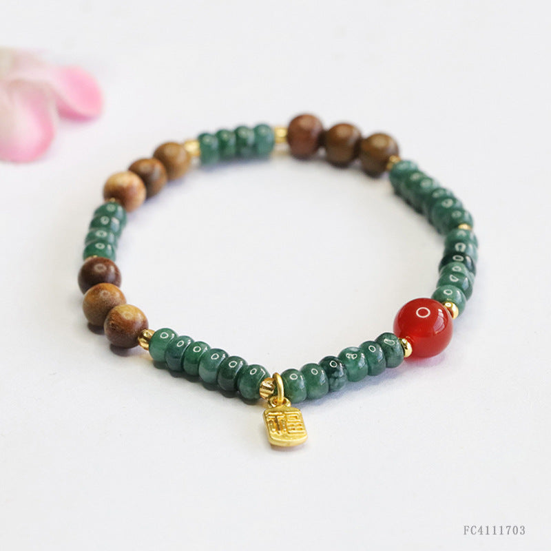Blue Water Jadeite Abacus Bead and Red Agate Beaded Bracelet