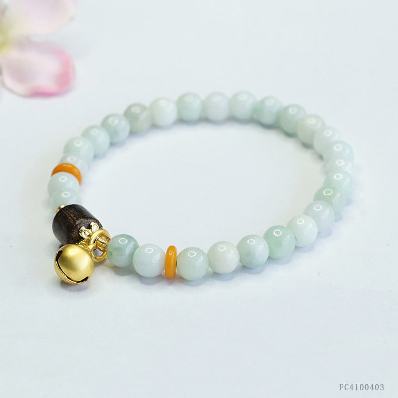 Burmese Grade A Jadeite Jade and Agarwood Beaded Bracelet with Bell Accent