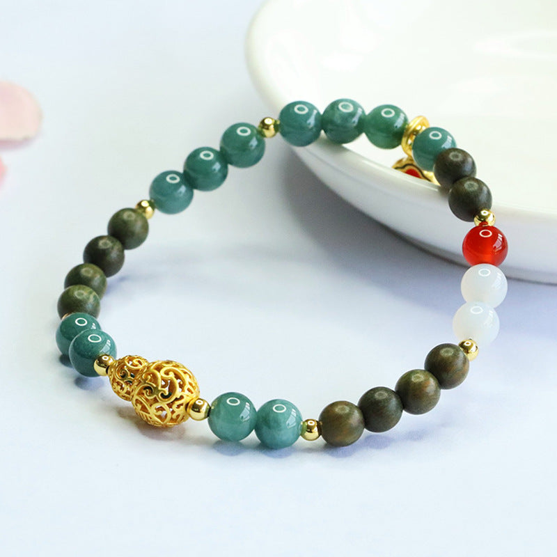 Blue Water Jadeite Jade, Green Sandalwood, Agate, and Chalcedony Beaded Bracelet