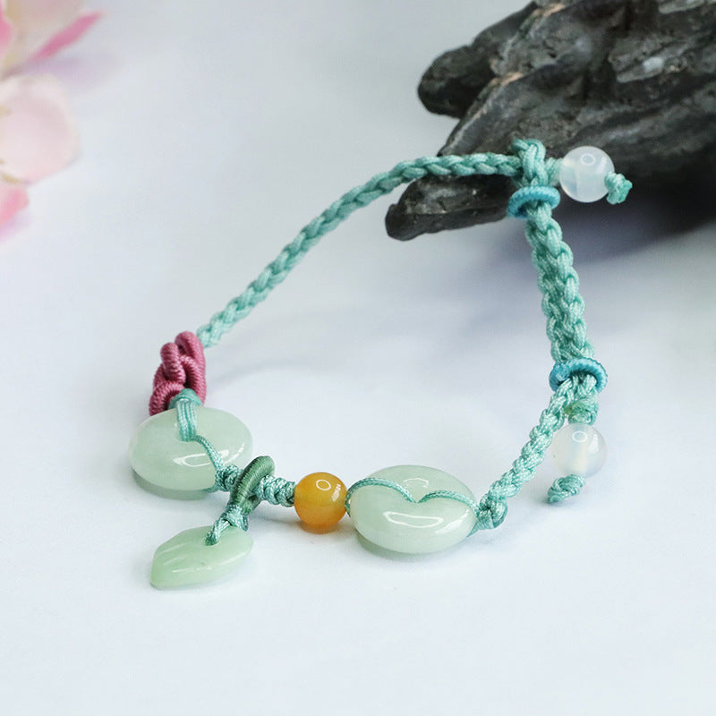 Burmese Grade A Jadeite Jade Safety Buckle and Leaf Braided Cord Bracelet