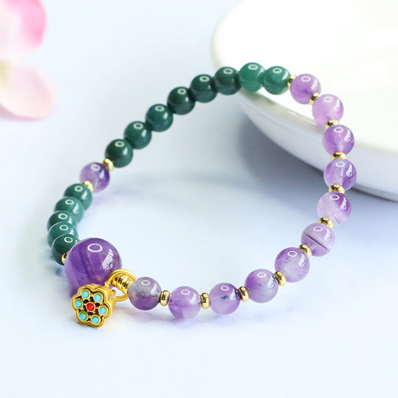Blue Water Jadeite Jade and Amethyst Beaded Bracelet with Enamel Charm