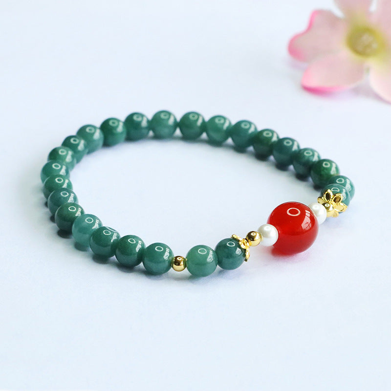 Blue Water Jadeite Jade and Red Agate Beaded Bracelet with Pearl Accents