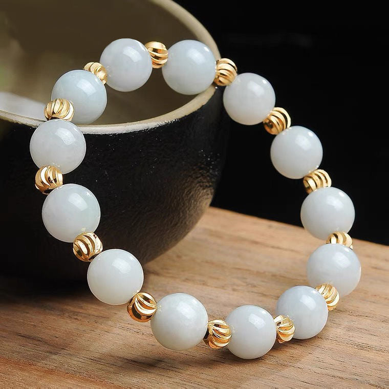 Burmese Grade A Jadeite Jade Beaded Bracelet with Ribbed Gold-Tone Spacers