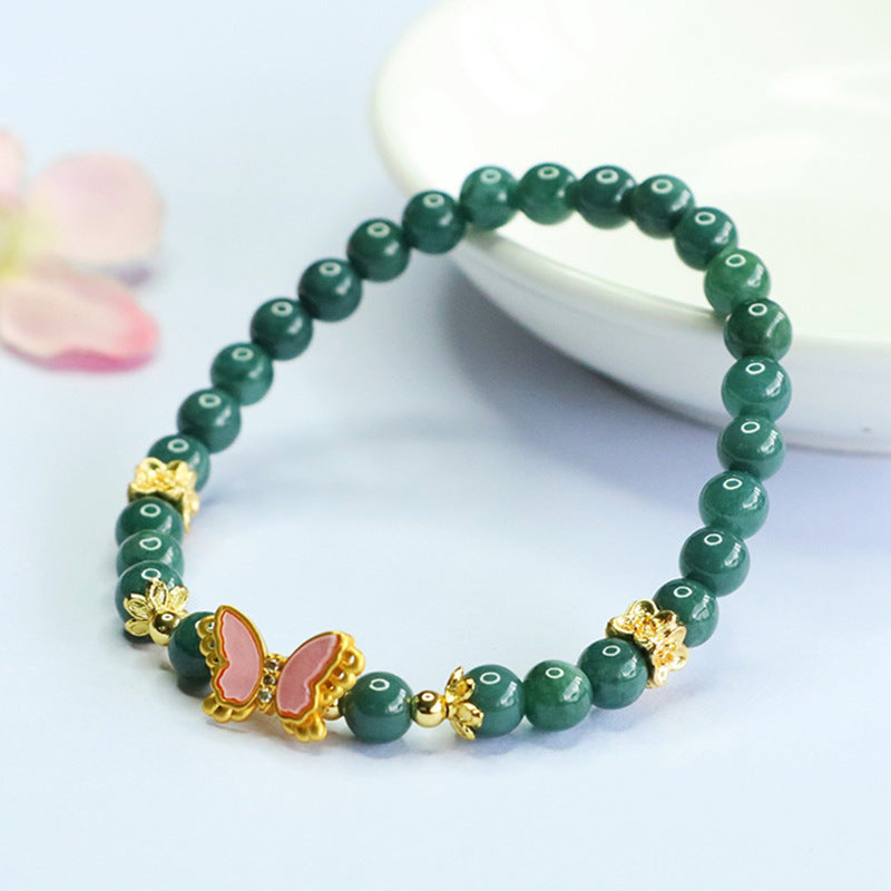 Blue Water Jadeite Jade and Butterfly Enamel Beaded Bracelet