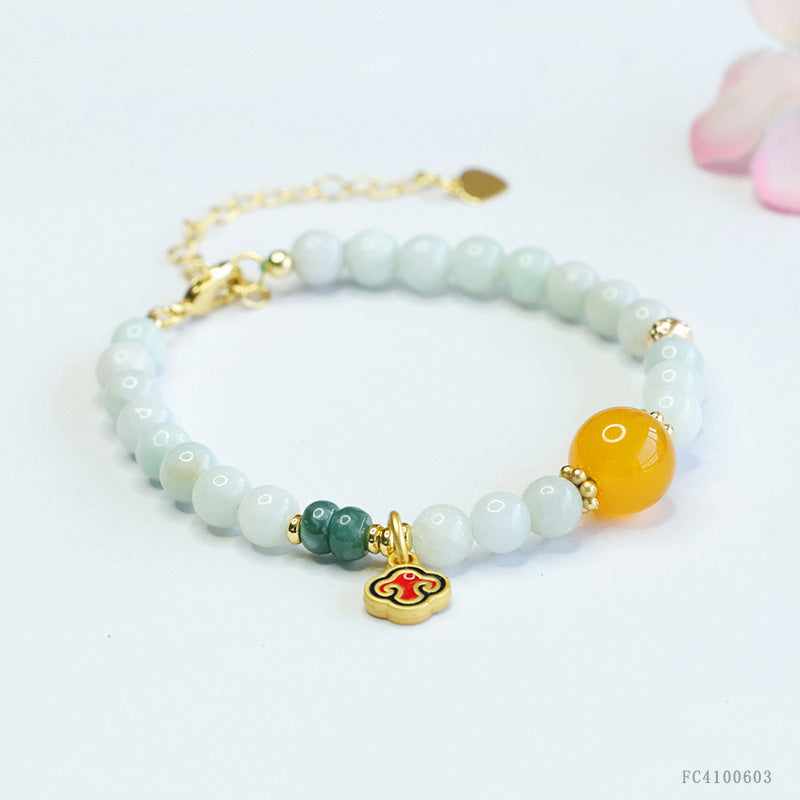 Burmese Grade A Jadeite Beaded Bracelet with Yellow Chalcedony Accent and Ruyi Charm