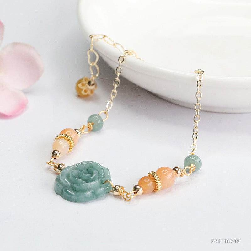 lue Water Jadeite Peony Flower and Gemstone Chain Bracelet