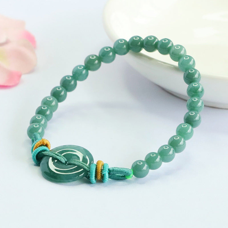 Blue Water Jadeite Jade Beaded Bracelet with Ping An Kou Centerpiece