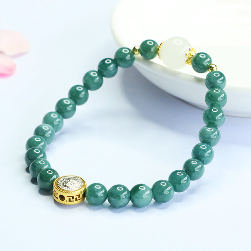 Blue Water Jadeite Jade and Yellow Wealth Deity Beaded Bracelet