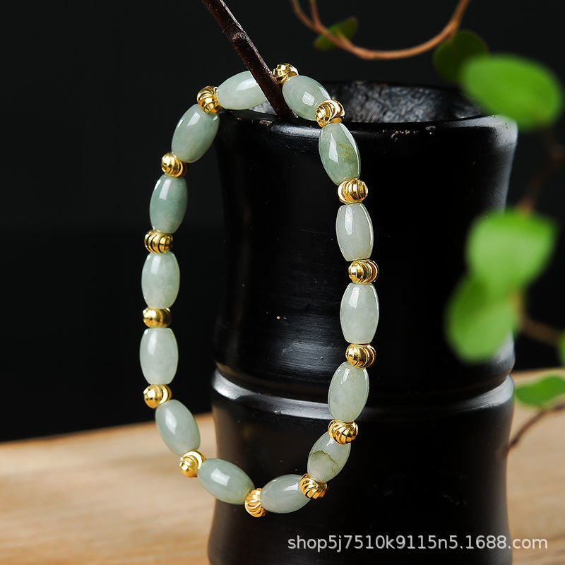 rade A Jadeite Jade Rice Bead and Ribbed Gold Spacer Bracelet