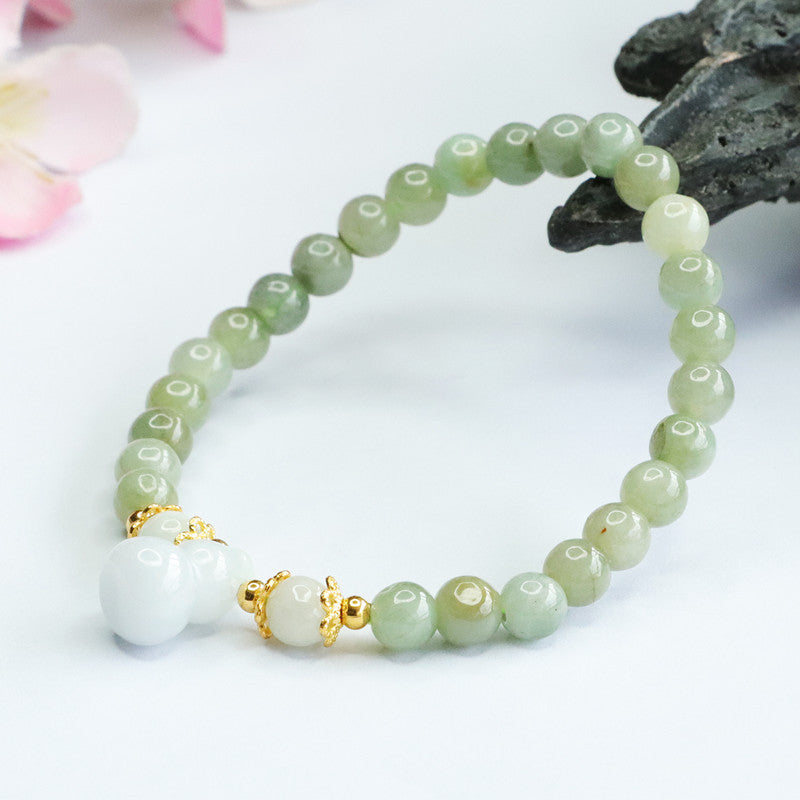 Burmese Grade A Jadeite Jade Beaded Bracelet with Gourd Pendant