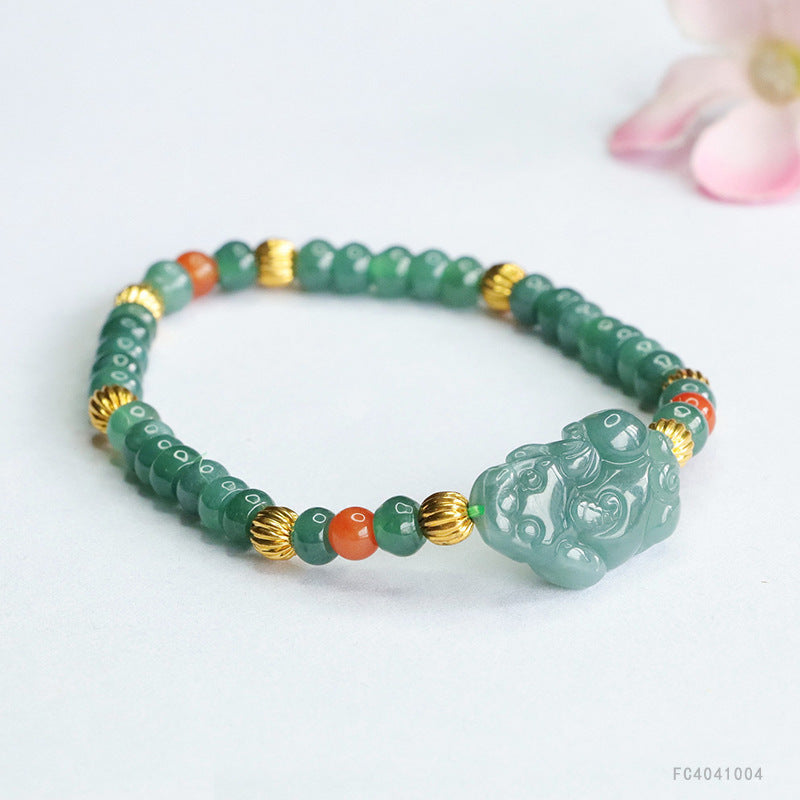 Blue Water Jadeite Jade Pi Xiu Beaded Bracelet with Red Agate Accents