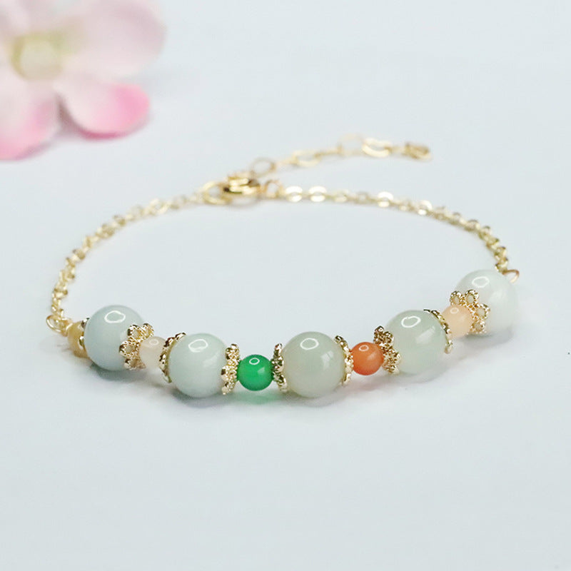 Jadeite Jade Beaded Bracelet with Gold-tone Chain and Accents