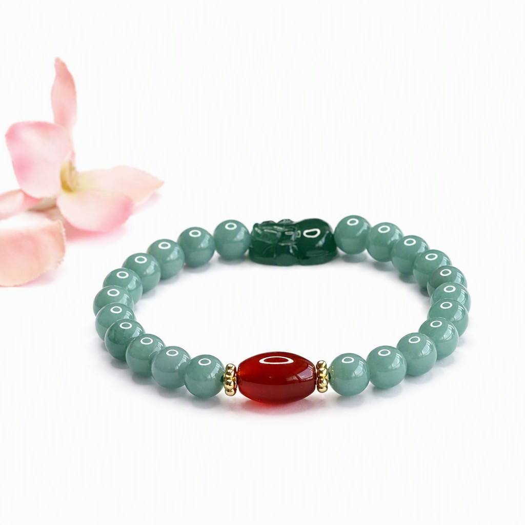 Blue Water Jadeite Jade and Red Agate Barrel Bead Pixiu Beaded Bracelet