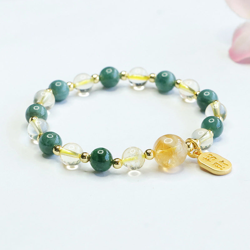 Blue Water Jadeite Jade and Citrine Multi-Gemstone Beaded Bracelet with "Zhao Cai" Wealth Charm