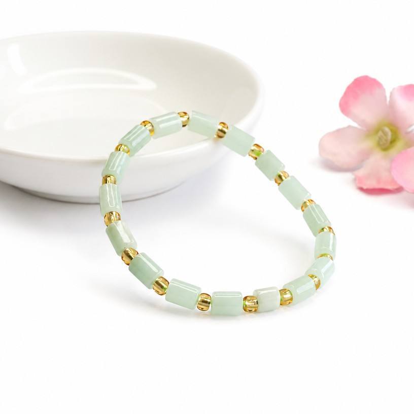 Jadeite Jade Barrel Bead Bracelet with Gold-tone Spacer Beads