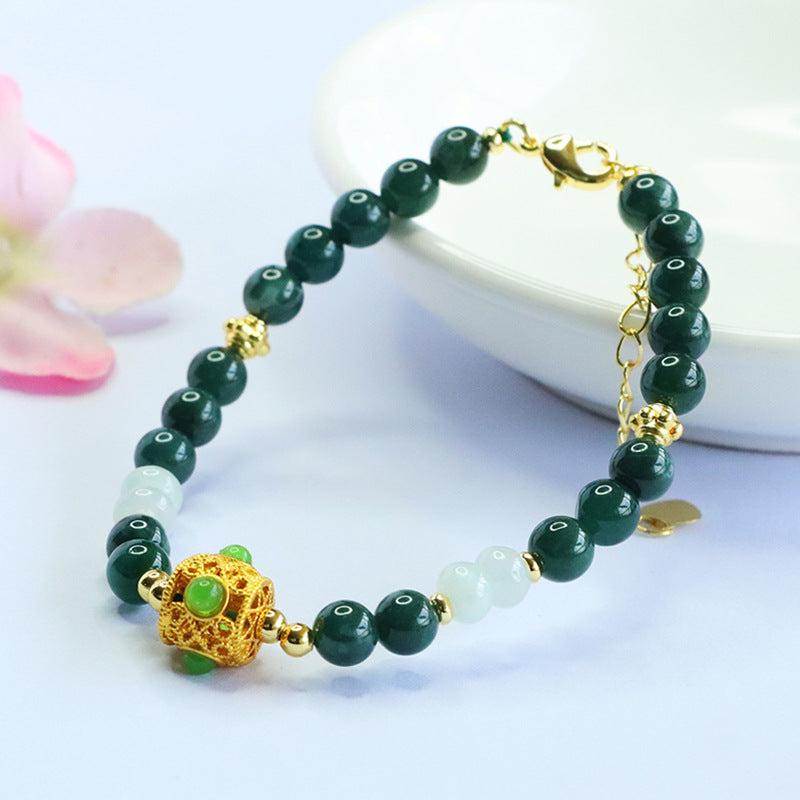Blue Water Jadeite Jade Beaded Bracelet with Filigree Ball Charm
