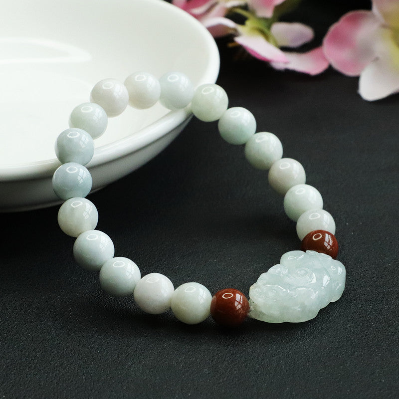 Grade A Jadeite Jade Pixiu Beaded Bracelet with Red Accent Beads