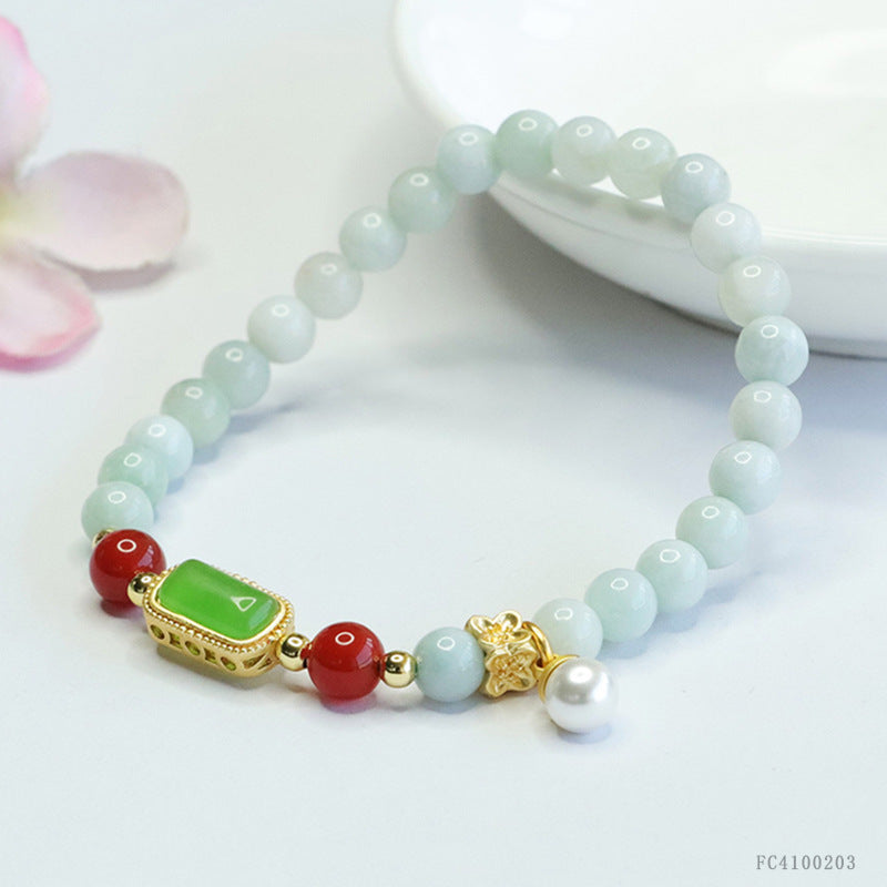 Burmese Grade A Jadeite Beaded Bracelet with Green Jadeite Plaque, Red Agate, and Pearl Charm