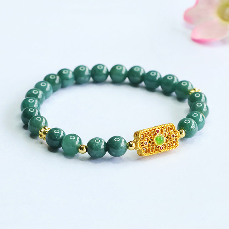 Blue Water Jadeite Jade Beaded Bracelet with Filigree Rectangular Charm