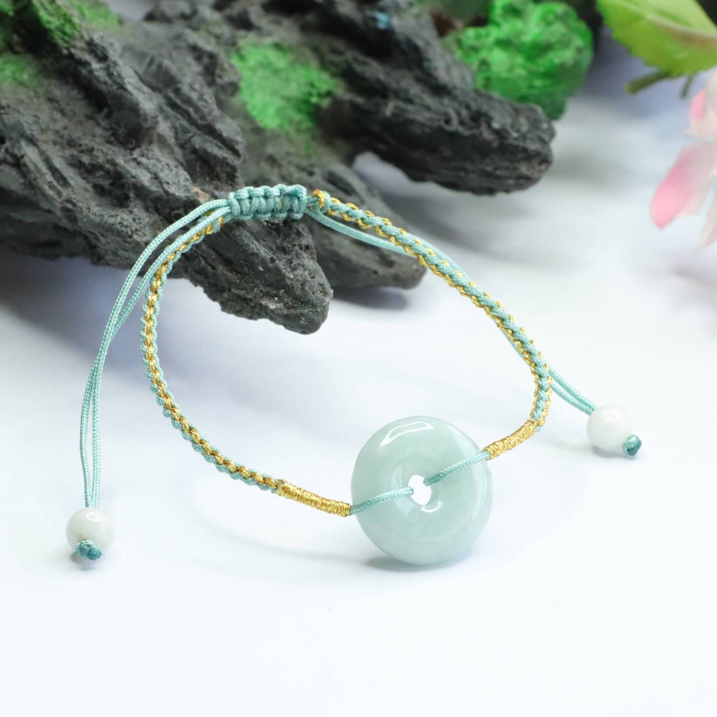 Burmese Grade A Jadeite Ping An Kou Woven Cord Bracelet
