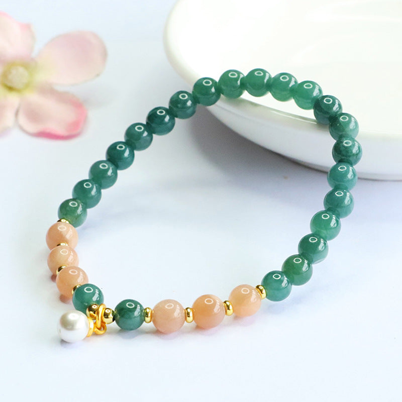 Blue Water Jadeite Jade and Orange Moonstone Beaded Bracelet with Pearl Dangle Charm