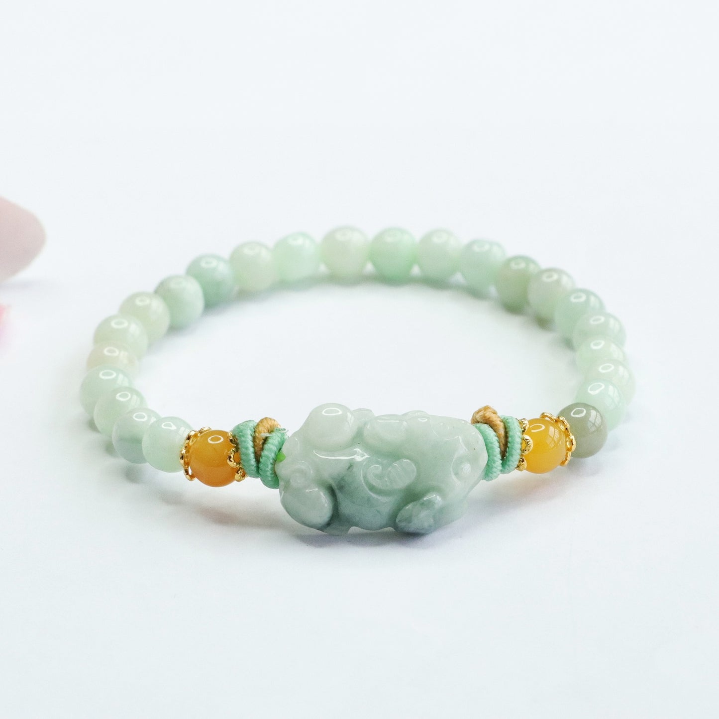 Burmese Grade A Jadeite Jade Pi Xiu Beaded Bracelet with Yellow Jade and Cord Accents