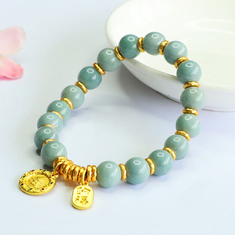 Blue Water Jadeite Jade and Yellow Wealth Deity Beaded Bracelet