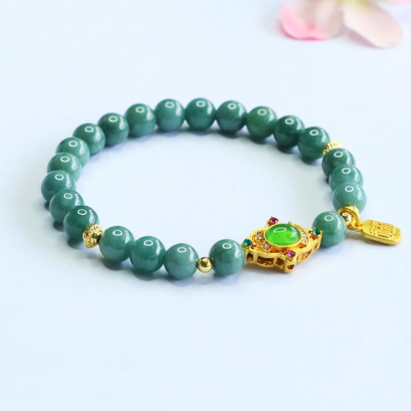 Blue Water Jadeite Jade Ruyi and Wealth Charm Beaded Bracelet