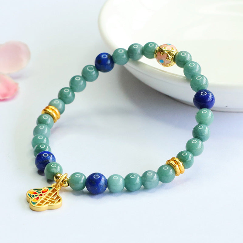 Blue Water Jadeite Jade and Lapis Lazuli Beaded Bracelet with Enamel Lock Charm