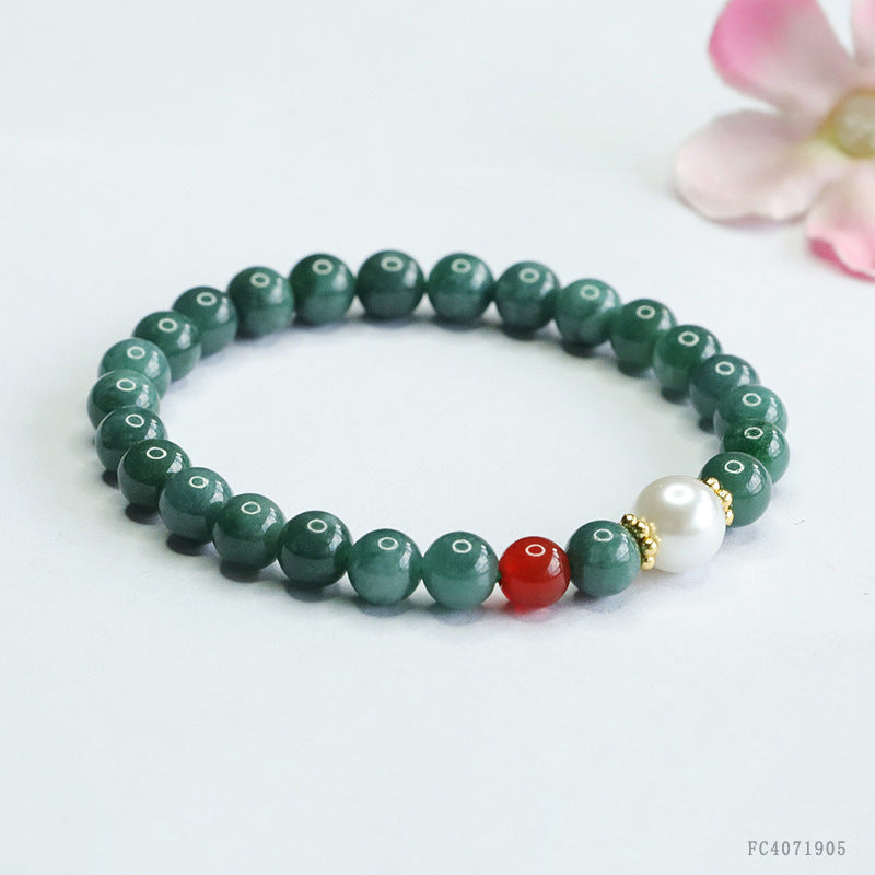 Blue Water Jadeite Jade Beaded Bracelet with Pearl and Red Agate Accent