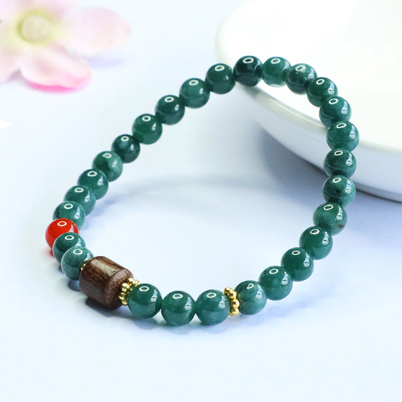 Blue Water Jadeite Jade and Agarwood Beaded Bracelet with Red Agate Accent